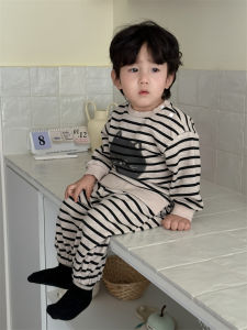 Baby striped outfit for autumn 2025 Boys clothing Korean-style childrens wear childrens long-sleeve two-piece autumn outfit