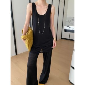 2026 Summer New Double Layer Hem U Neck Knitted Sleeveless Vest Casual Pants Two Piece Suit