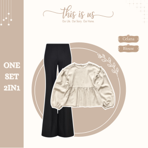 One Set Wanita remaja Kekinian (Blouse Cream - Celana Cutbray - Pasmina) OOTD Setelan Casual HO198N