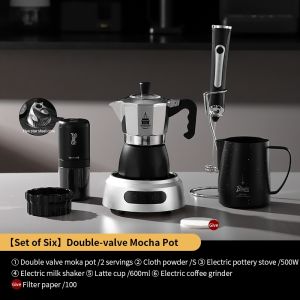 BINCOO Dual-Valve Moka Pot with Electric Stove Espresso Set Coffee Grinder Set Compact Italian-Style Coffee Maker Cups