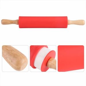 Silicone Rolling Pin With Wooden Handle Pastry Flour Cake Dough Patterned Roller Bakeware Kitchen