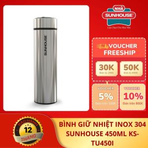 Bình giữ nhiệt Sunhouse 900ml KS-TU900I– Nắp silicone chống tràn giữ nóng/lạnh 6h