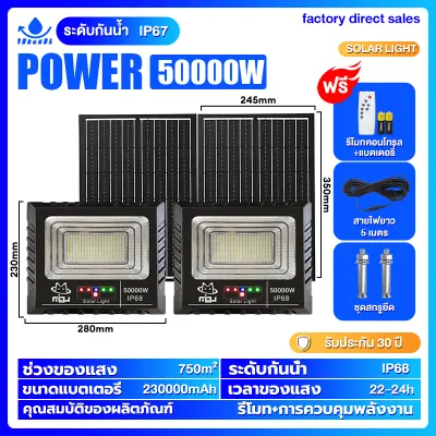 ✨ซื้อ 1 แถม 1✨ไฟโซล่าเซลล์ โซล่าเซลล์ 50000W LED สปอตไลท์ solar light กันน้ำและกันฟ้าผ่ เปิดปิดอัตโนมัติ IP67 รับประกัน 30 ปี