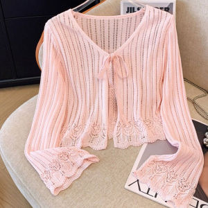 💥[A502] Áo khoác len lưới Montoghi CỘT NƠ REN HỌA TIẾT dáng lửng Quảng Châu dễ phối đồ - L2M