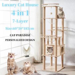 Premium Large Cat Tree House Wood Cat Condo Bed Scratcher House Cat Tower Hammock Cat Climbing Cat Scratcher House