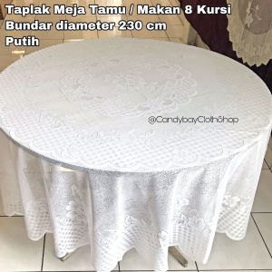 Taplak Meja Tamu / Taplak Meja Makan Bundar 8 Kursi diameter 230 cm Warna PUTIH Bahan Kain Polyester Corak Bunga Mahkota