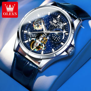 OLEVS brand original waterproof watch for men automatic mechanical movement Luxury star dial genuine leather strap luminous multifunction chronograph