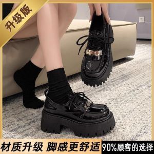 [Free Shipping] Thick-Soled Women’S Leather Shoes New Summer And Autumn Styles Chunky Heel High Heel Black Lace-Up Loafers