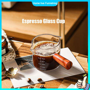 Espresso Glass Cup Double Mouth Measuring Bottle Coffee Milk Tea Pot Wooden Handle