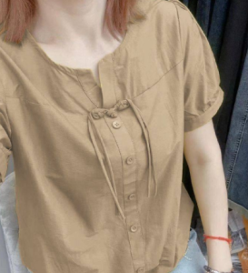 Ladies Crew Neck Short Sleeve Tee Chinese Style Frog Button