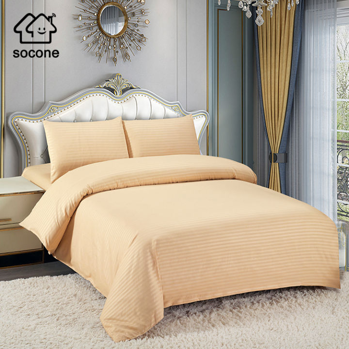 Socone Elegant Plain Stripe Hotel Quality Single Bedding Set （1 Fitted  Sheet, Duvet Quilt Cover, Pillow Case) Lazada PH