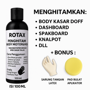 PENGHITAM BODY MOTOR KUSAM PLASTIK PERMANEN 100 ML BACK TO BLACK MAGIC / DASHBOARD / DEK /SPAKBOARD / PENGKILAP BODY MOTOR / EFEK DAUN TALAS BY ROTAX
