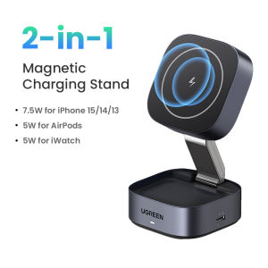 UGREEN 2-IN-1 15W MagFlow Wireless Charger for iPhone 15 14 Pro Max 15 Plus iPhone 13 Pro Max AirPods Pro/Max Xiaomi Samsung S24 Ultra S23 Samsung Earphone Huawei