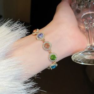 AZDH ปรับได้ปรับได้ สร้อยข้อมือพลอยเทียมสีรุ้ง กำไลข้อมือกำไล เงางาม สร้อยข้อมือเพทาย หรูหราสุดหรู เครื่องประดับสำหรับตกแต่ง โซ่มือที่มีสีสัน สำหรับผู้หญิง