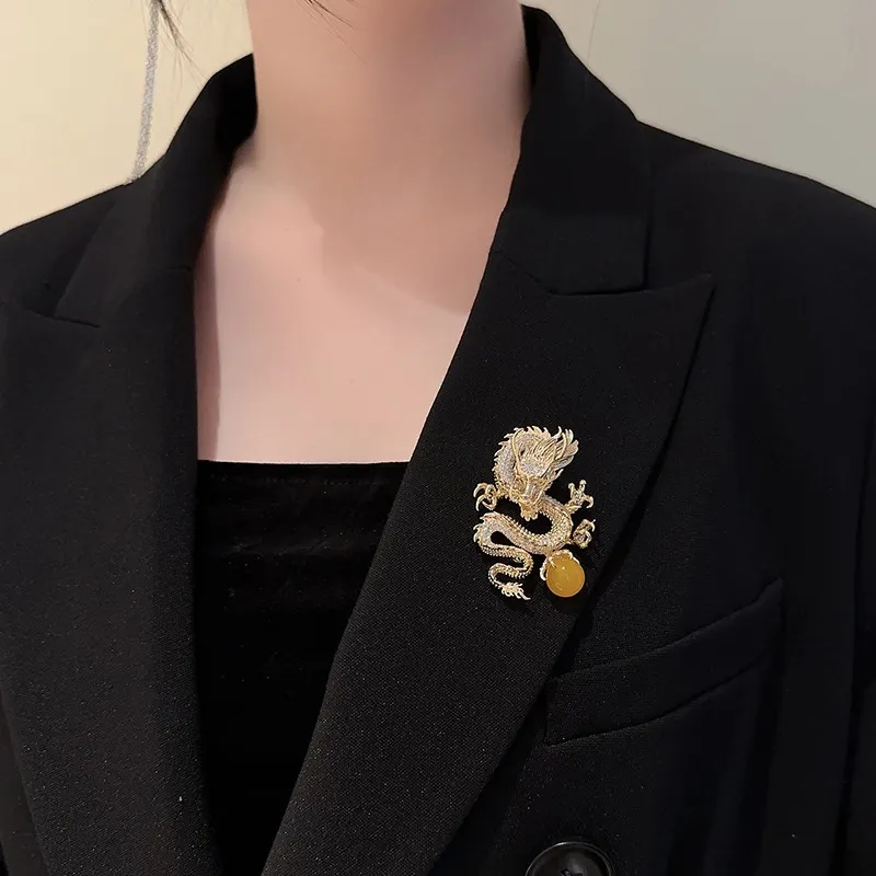 Chinese Style Metal Dragon Brooches For Women Men New Year Animal