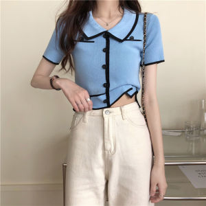 🍒 T-shirt Thin Summer Sweet Polo Collar Short-sleeved Knitted Sweater Top Women