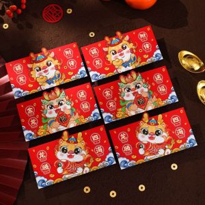 TSEVD 6Pcs/set Chinese Style Awakening Lion Red Packet Bag Cute 3D Zodiac Dragon Red Pocket Cartoon Lucky Envelope Bag Spring Festival