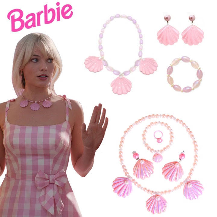2023 Movie Barbie Jewelry Set Adult Kids Barbie Baby Pink Pearl Shell Chain  Bracelet Pearl Necklace Pendants Earring Costume Accessories