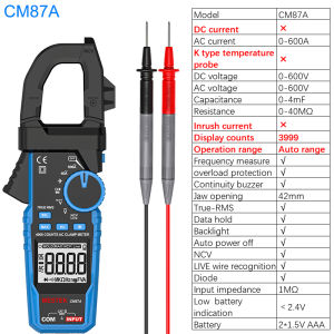 CM87PRO 0-1000A DC AC Current Real Effective Value Digital Display Clamp Meter Ammeter Digital AC DC Current Voltage Clamp Meter Digital NCV Frequency Conversion Measurement Inrush Current Zero Fire Wire