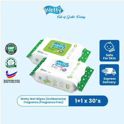 Wetty Wipes Tuala Basah Tebal Antibakteria Halal 1 Antibacterial Fragrance Free + 1 Antibacterial Fragrance 2pack x30s