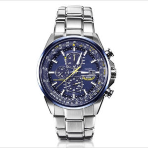 Mens Aviation Chronograph Watch Blue Dial Three Eye Six Hands Stainless Steel Band Quartz Movement Analog Wristwatch Business Casual