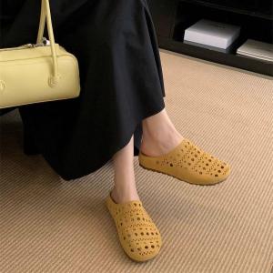 [Free Shipping] Vintage Open-Toe Hollow Half-Slipper for Women 2026 Spring/Summer New Soft Sole Casual Dress Slipper Yellow Medium