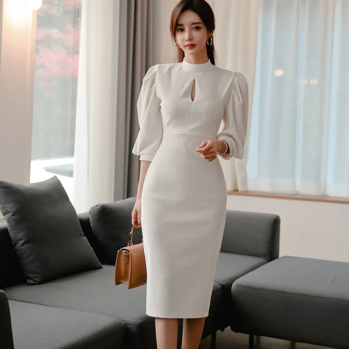 Impression Women Elegant Slim Solid Color Half Latern Sleeve Bodycon Casual OL Party Midi Dress White Lazada