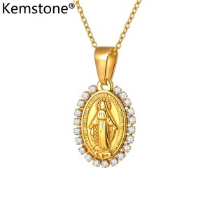 Kemstone Vintage Virgin Mary Pendant Necklace for Women Stainless Steel Oval Charm with Zircon