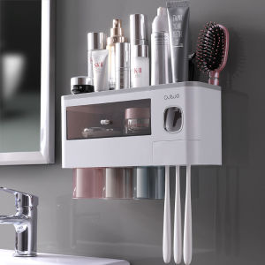 (Homu.Store) Toothbrush Holder Wall Mounted Toothpaste Dispenser Mouthwash Cup Set Bathroom Storage Toothbrush Organizer Rak Ubat Gigi Berus Gigi
