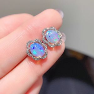Montagne Jewelry Natural 6x8mm Opal Earrings 925 Silver Crystal Inset Fine Jewellery Earrings Stud Earring