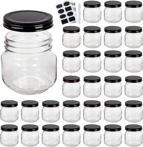 QAPPDA Mason JarsGlass Jars With Lids 8 ozCanning Jars For Pickles And Kitchen StorageWide Mouth Spice Jars With Black Lids For HoneyCaviarHerbJellyJamsSet of 24…