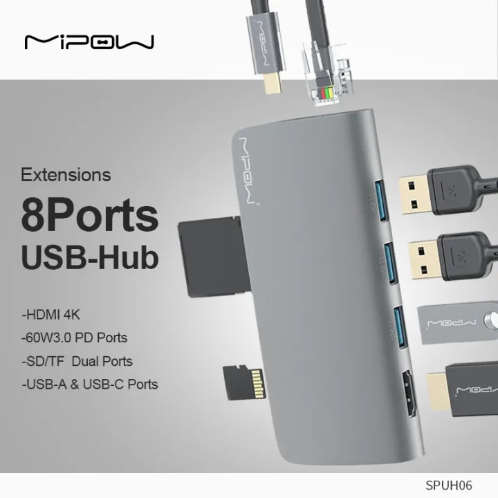 MIPOW 8-in-1 USB-C Hub Adapter 4K HDMI SD/TF Card Reader Ethernet USB 3.0 Ports Power Delivery MacBook iPad Pixelbook XPS &etc.