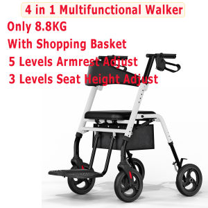 Foldable Lightweight Multi-functional Walker with Wheels4-in-1 Folding Rollator Walker Combined with Wheelchair for Senior Elderly
