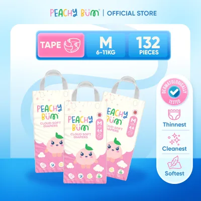 [1 Carton] Peachy Bum Baby Tape Diapers | Ultra Thin 1mm | 12H Absorbent Overnight | Anti-Leak | Rash-Free | NB S M L