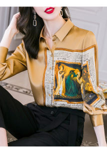 AMMIN Long Sleeve Printed Silk Shirt For Women New Satin Simple Lapel Printed Mulberry Silk Top Lady Casual Commuting Blouse