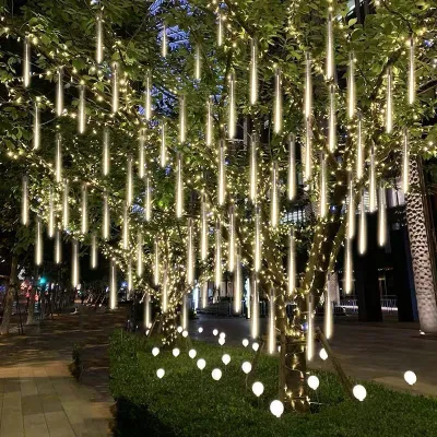 ??Original Product+FREE Shipping?? Solar/American plug outdoor LED Meteor Shower Rain Lights Waterproof Falling Raindrop Fairy String Light for Christmas Holiday Party Patio Decor 30/50CM