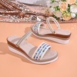 [Free Shipping] Large-Size Round-Toe Sandals With A Single-Strap Design Featuring A Platform Sole Perfect For The Beach