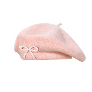 CWIE1 Pearl Bow Beret Solid Color Knitted Beanie Cap Sweet Y2K Wool Beret Women