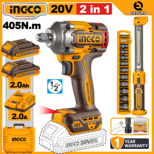 INGCO 20V 2-IN-1 CORDLESS IMPACT WRENCH & WORK LIGHT COMBO KIT | BRUSHLESS MOTOR | COSLI23056