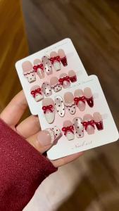 【HANDMADE+Free Glue】Press on Nails Polka Dot Bow French Phototherapy Fake Nail Patch Artificial Nail Reusable