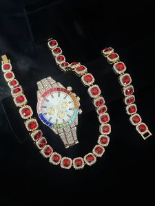 Hip Hop Watch + Bracelet + Necklaces for Men Women Couple Gold Watch Cuban Chain Bling Jewelry Set for Men Watches(1*watch 1*bracelet 1*necklace）