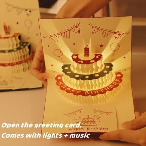 Cartoon 3D Pop Up Birthday Cake Greeting Card Music LED Light Birthday Card Blessing Letter for Mom Girl Friends