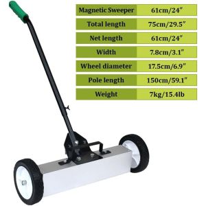 Rolling Magnetic Sweeper Push-Type Pick Up Sweeper with Wheels Large Durable Magnet Pickup Lawn Sweeper Length-Adjustable Handle Easy Cleanup Tool for Garage Construction Yard