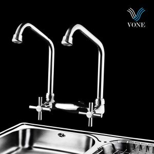 VONE Kran Cuci Piring Double Keran Angsa Sink Dapur Wastafel Meja Tembok Chrome
