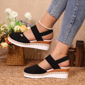 Free Shipping In Stock Plus-Size Color-Blocked Open-Back Sandals With A Wedge Heel Lightweight Featuring A Braided Rope Design And Buckle Closure WomenS Shoes With A Thick Sole