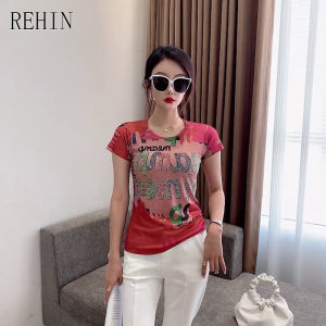REHIN Womens top Summer new European fashion creative unique printing round neck short-sleeved T-shirt with hot drill small cotton blouse