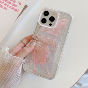 【ร้อน】ข้อเสนอพิเศษ3-In-1กระเป๋าเก็บบัตรสีชมพูผีเสื้อและโบว์ภาษาอังกฤษป้องกันการหล่น TPU + เคสโทรศัพท์พีซีสำหรับ iPhone 6 7 8 X XS XR 1112 13 14ซีรีส์15