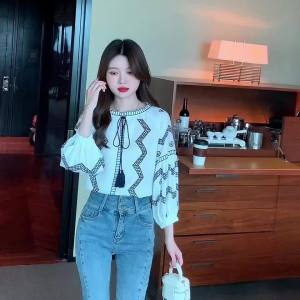 Ammin phong cách Hàn Quốc lỏng tất cả các trận đấu NƠ REN-up của phụ nữ ba-quý tay áo in áo cánh vải voan 2024 thời trang duyên dáng ống tay phồng áo in