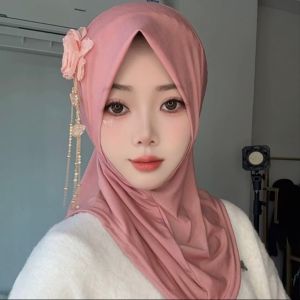 COMEMECO Flower Rhinestone Chiffon Head Wraps Solid Color Breathable Fabric Long Hijab Women Fashion Polyester Material Headscarf Wraps