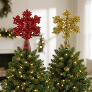 OOG Metal Spring Base Glitter Snowflake Tree Topper Iron Glitter Powder Snowflake Christmas Tree Ornaments Shiny Sparkly Xmas Tree Top Ornament Fit 1.2‑2.4 Meter Christmas Tree